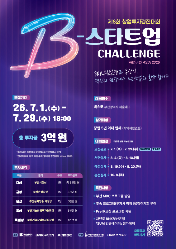 5개 팀에 3억 원 지분투자... 'B-스타트업 챌린지' 참가기업 모집 - 뉴스 썸네일 이미지